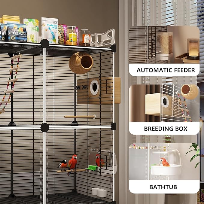 Large Parrot Cage with Acrylic Doors, 4 Casters, Perch & Feeder, Detachable Drawer, Ideal for Cockatiels, Budgies, Conures, Indoor/Outdoor Use – Spacious White Birdcage(Black,36 * 36 * 142)