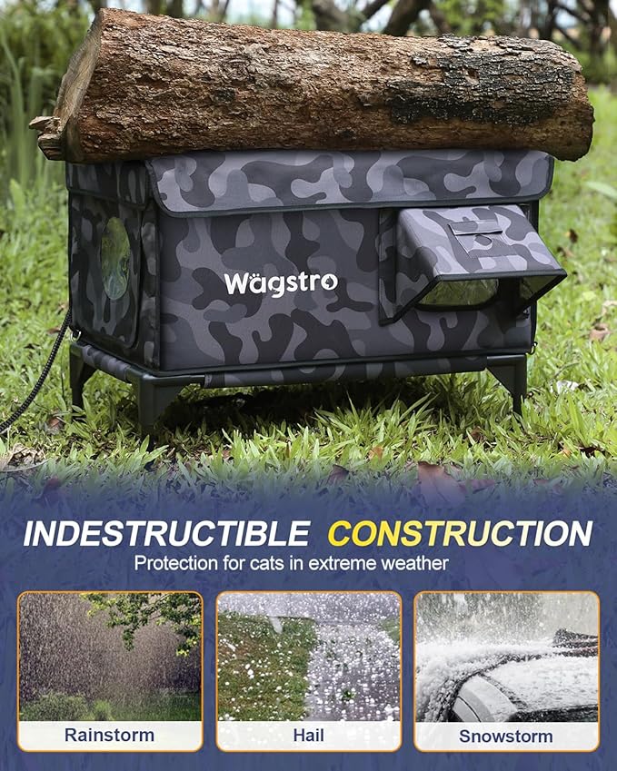Heated Cat House for Outside, Insulated Weatherproof Heated Outdoor Cat House with Waterproof Eaves & Escape Door, Elevated Outdoor Cat Shelter for Feral Stray Cat (Black Camo, 16.5"x12.6"x16.9")
