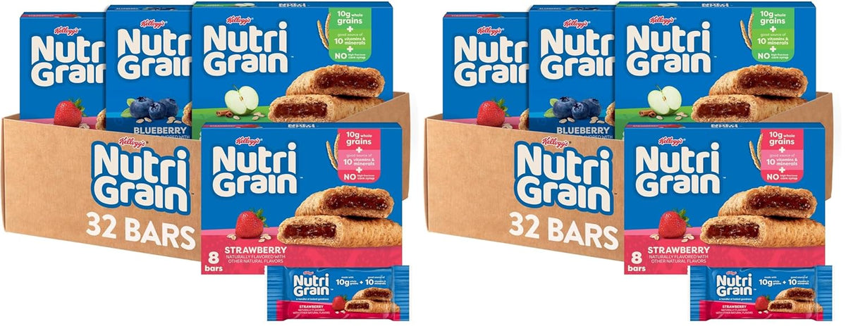 Nutri-Grain Soft Baked Breakfast Bars, Kids Snacks, Whole Grain, Variety Pack (4 Boxes, 32 Count)