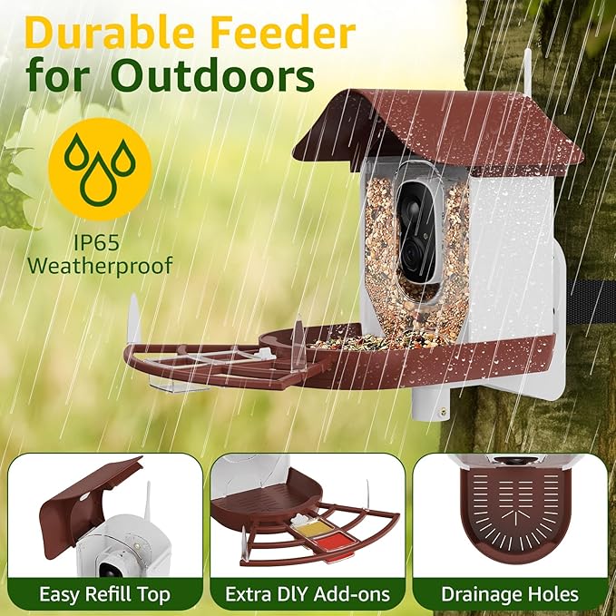 PeckCam® Smart Bird Feeder with Camera 2K HD Auto Detect & Notify, AI Identify 10000+ Birds Camera with Solar Panel 5 Perch Attachments Wireless Outdoor Birdwatching Gift for Birds Lover, Red