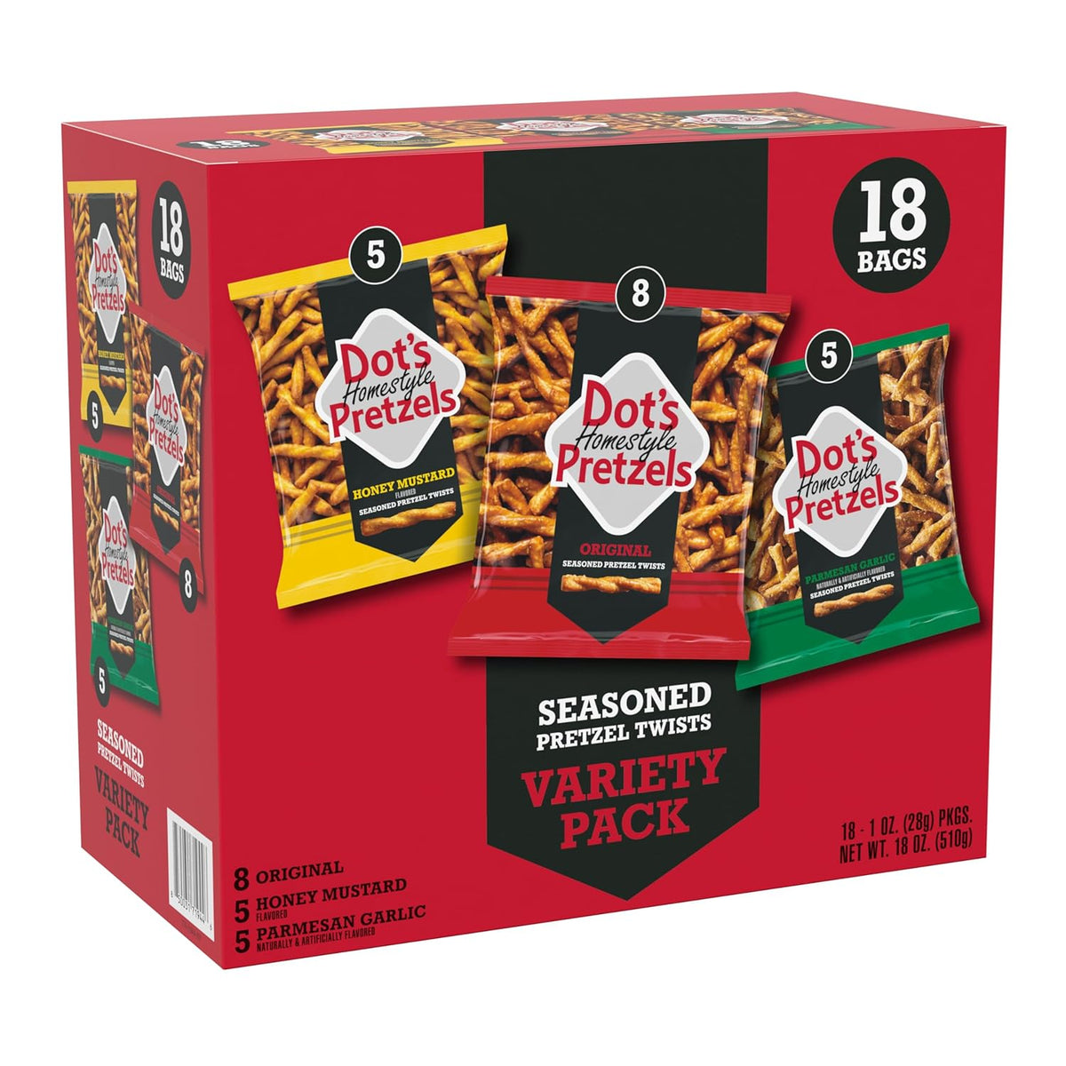 Dot's Homestyle Pretzels Variety Pack, 18-count, 1oz Individually Sized Bags, Original, Honey Mustard, and Parmesan Garlic Twist Snack