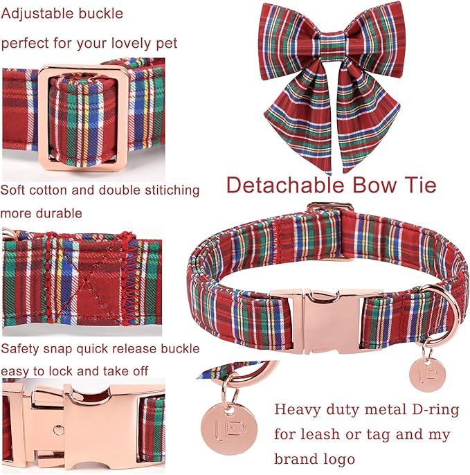 Christmas Plaid Dog Collar with Bow, Red and Blue Check Adjustable Pet Collar with Quick Release, Christmas Stripes Bowtie Collar for Small Medium Large Dogs L
