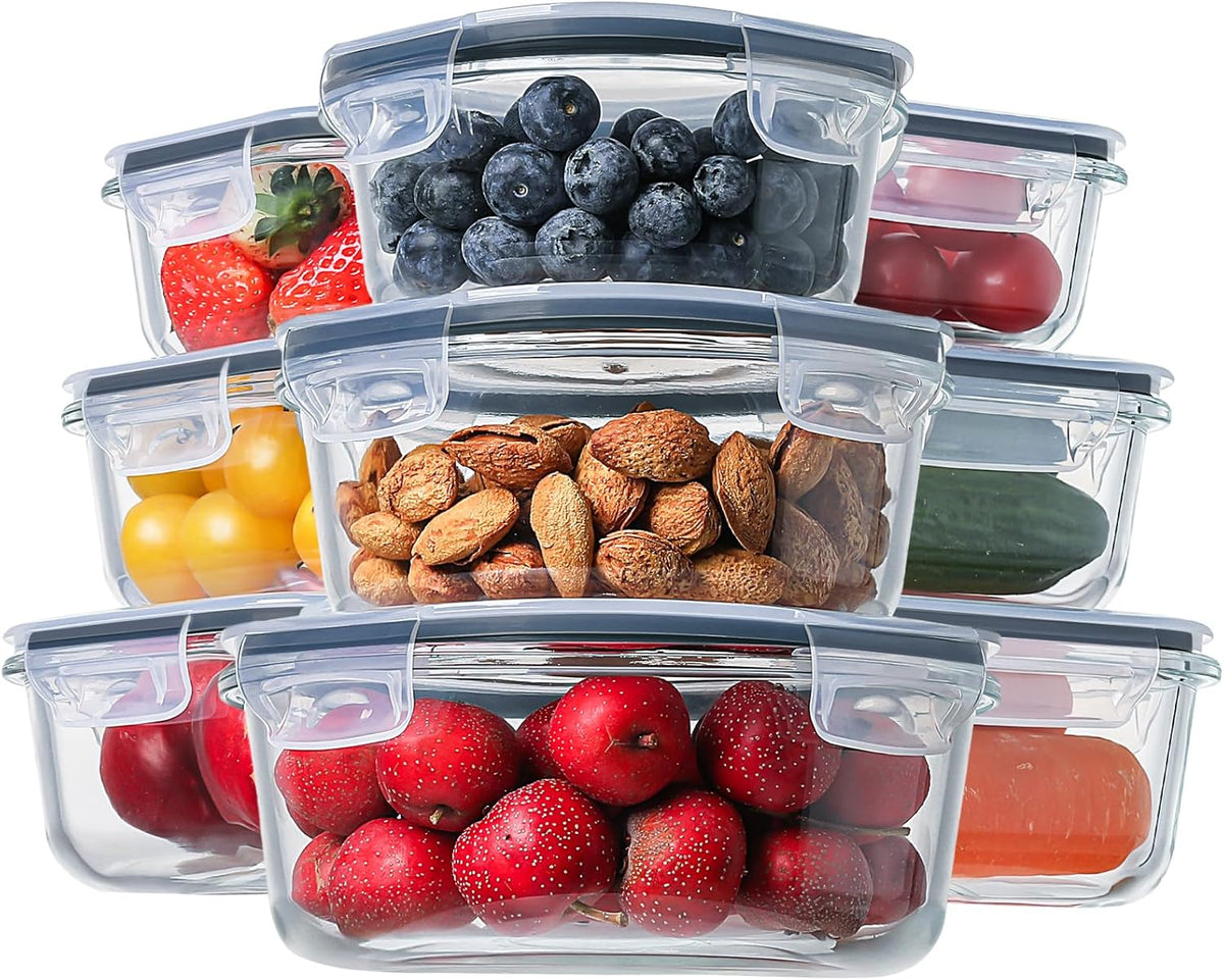 8 Pack Borosilicate Glass Food Storage Containers with Lids, Glass Meal Prep Containers, Airtight Bento Lunch Boxes with Leak Proof Locking, Oven, Freezer and Dishwasher Safe, BPA Free, 5-35oz