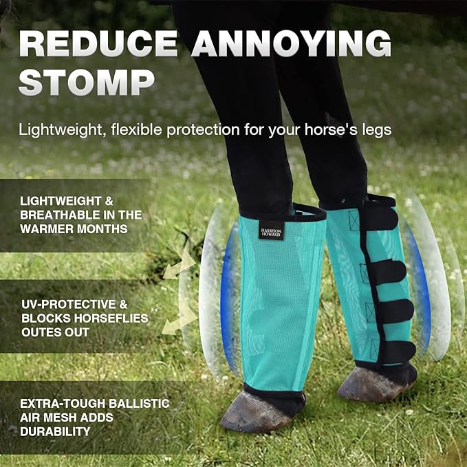 Harrison Howard Loose Fitting Fly Boots UV-Protective Extra Tough Mesh Ventilated Four Fasteners Stay-on Design Protect Horse Legs & Stomp-Reducing Set of 4 Mint Pony