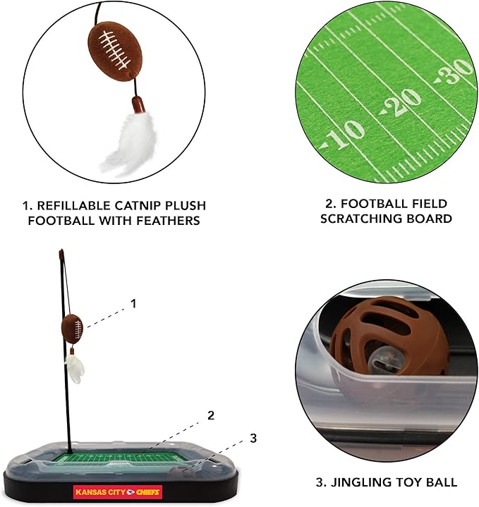 Pets First Cat Plush Toy KANSAS CITY CHIEFS FOOTBALL FIELD CAT SCRATCHER TOY with CATNIP Filled Plush FOOTBALL Toy & Feather Cat Toy hanging, Jingle Bell INTERACTIVE BALL Cat Chasing 5-in-1 KITTY Toy