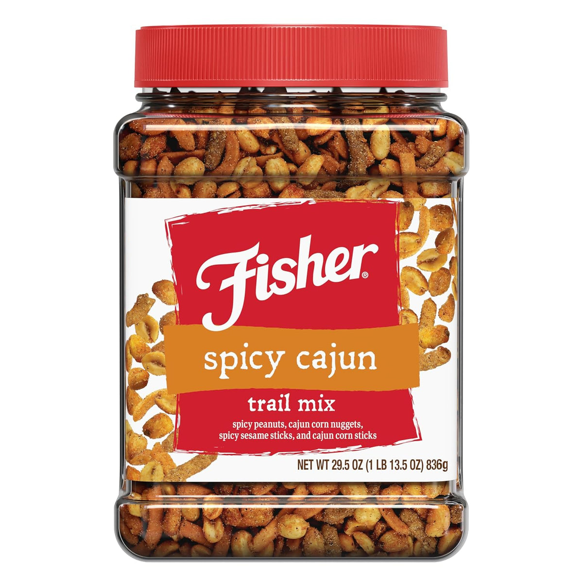 Fisher Snack Spicy Cajun Trail Mix, 29.5 oz (Pack of 1), Resealable Jar, Bold & Crunchy Snack Mix with Peanuts, Corn Nuggets, Sesame Sticks, and Corn Sticks, Mildly Spicy Party Trailmix, Snacks for Adults