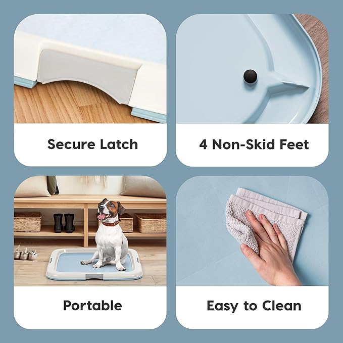 IRIS USA Pee Pad Holder - For Potty Training Regular Sized Dog & Puppy Pee Pads, Secured Latches, Non-Skid Feet, Leak Protection, Fits 22"x22" Pad or Larger, Square, Blue