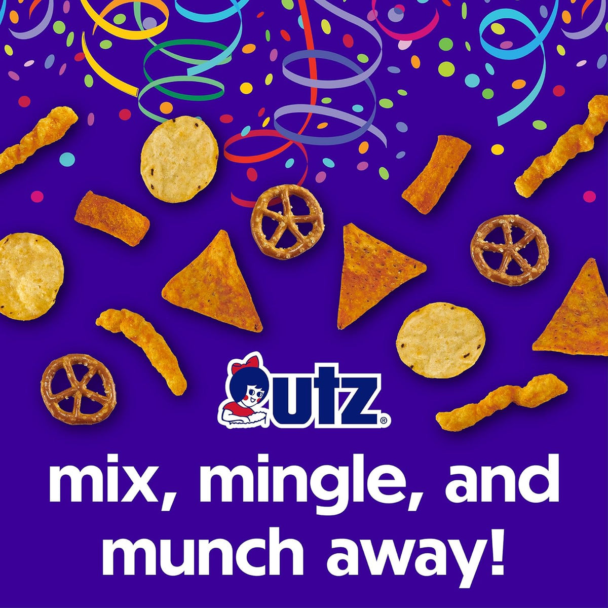 Utz Party Mix - Tasty Snack Mix Includes Corn Tortillas, Nacho Tortillas, Pretzels, BBQ Corn Chips and Cheese Curls, Cholesterol Free and Trans-Fat Free, 1.62 Pound (Pack of 1)
