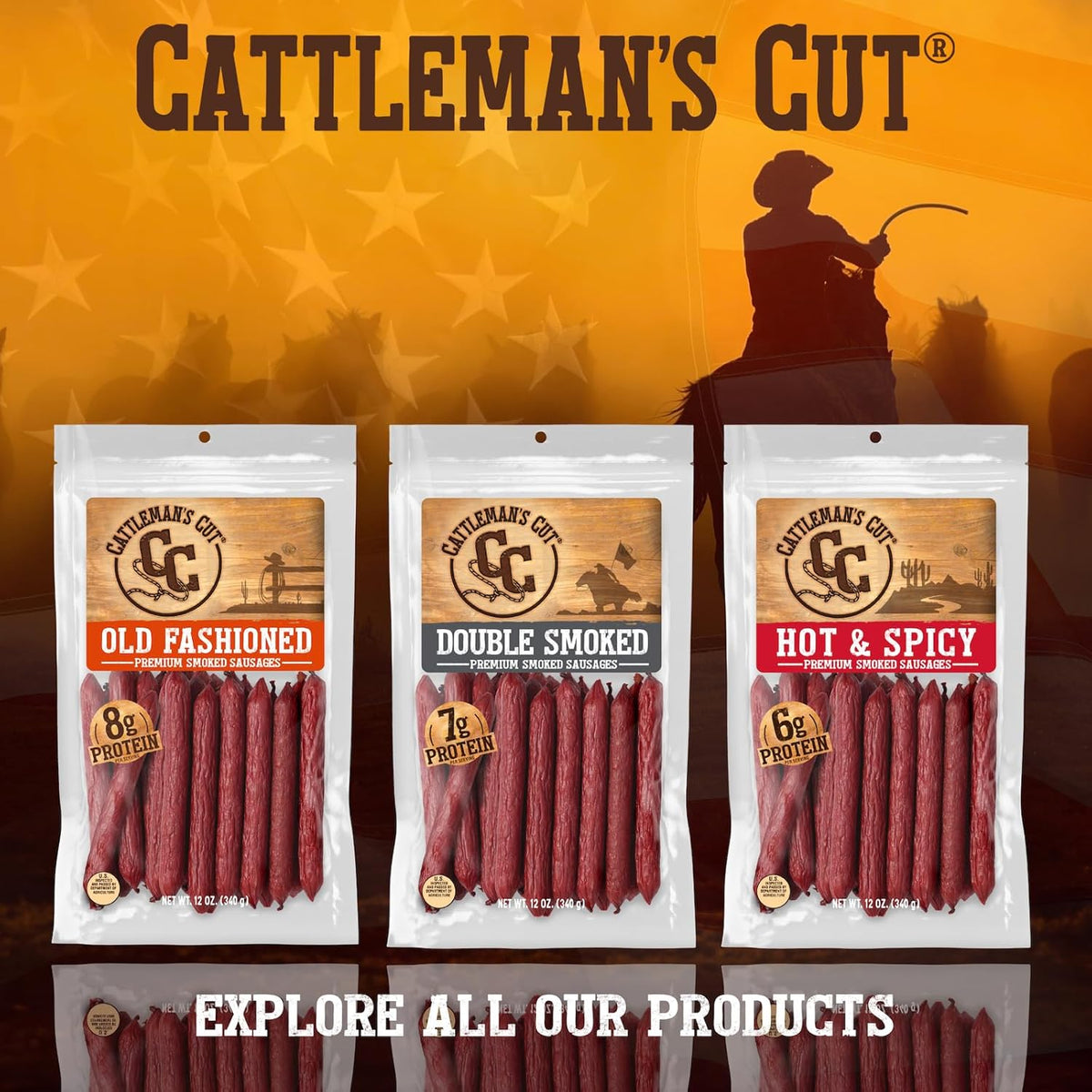 Cattleman's Cut Double Smoked Sausages Meat Sticks, Premium Protein Snacks, Keto Friendly, Gluten Free, Carnivore Travel Snack, Resealable Bag, 12 Ounce