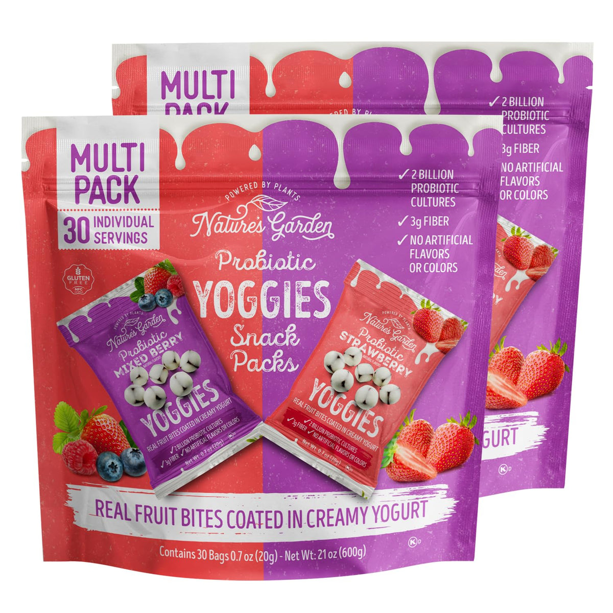 Nature's Garden Probiotic Yoggies Multi Pack, 21oz (Strawberry 15x0.7 oz + Mixed Berry 15x0.7 oz) Yogurt Covered Healthy Snack, High Fiber, Real Fruit Pieces, No Artificial Ingredients, for Adults