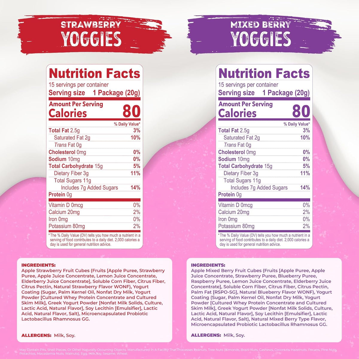 Nature's Garden Probiotic Yoggies Multi Pack, 21oz (Strawberry 15x0.7 oz + Mixed Berry 15x0.7 oz) Yogurt Covered Healthy Snack, High Fiber, Real Fruit Pieces, No Artificial Ingredients, for Adults