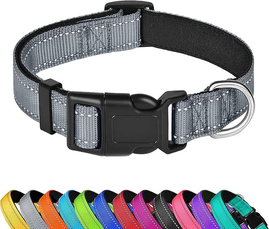 Reflective Dog Collar, Adjustable Soft Neoprene Padded Nylon Pet Collars with Buckle for Puppy and Small Dogs, Cats, Gray,XS