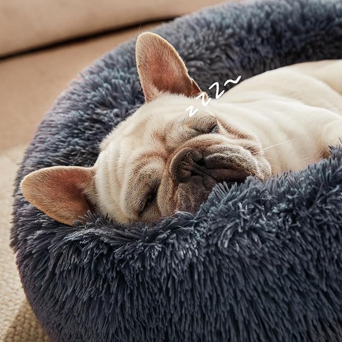 Love's cabin Calming Cat Bed for Indoor Cats, Anti-Anxiety Donut Round Dog Bed, Fluffy Faux Fur Washable Pet Bed for Small Medium Dogs and Cats,Bluish Grey,20in