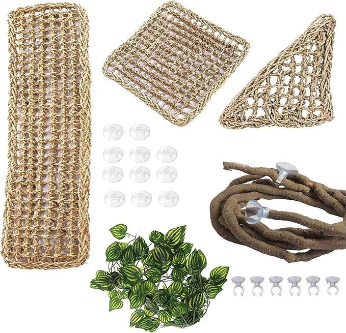 PINVNBY Bearded Dragon Hammock,Reptile Lounger Natural Seagrass Lizard Hammocks Habitat Tank Accessories Jungle Climber Vines Flexible Leaves Decor for Climbing Reptiles Chameleon Gecko Snakes