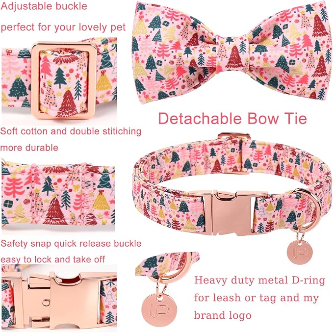 Christmas Dog Collar with Bow Tie, Pink Christmas Tree Collars for Dogs, Adjustable Pet Collar with Cute Xmas Tree Pendant, Winter Dog Accessories for Small Medium Large Dogs S