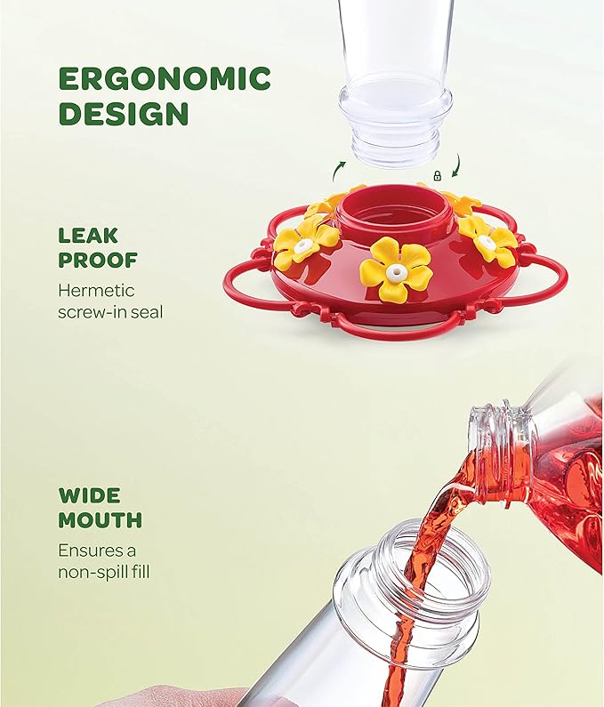 Hummingbird Feeder 10 oz Glass Hummingbird Feeders for Outdoors, with Built-in Ant Guard - Circular Perch with 5 Feeding Ports - Wide Mouth for Easy Filling/2 Part Base for Easy Cleaning