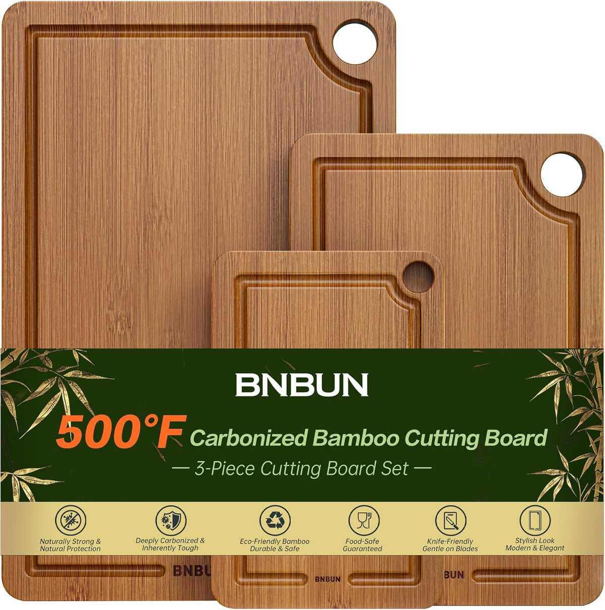 Bamboo Cutting Board for Kitchen, Wooden Cutting Board 3-Piece Set with Non-Slip Mat Deep Juice Groove and Built-In Handles, Wood Cutting Board for Meat Vegetables Fruit Ideal Gift for the Home