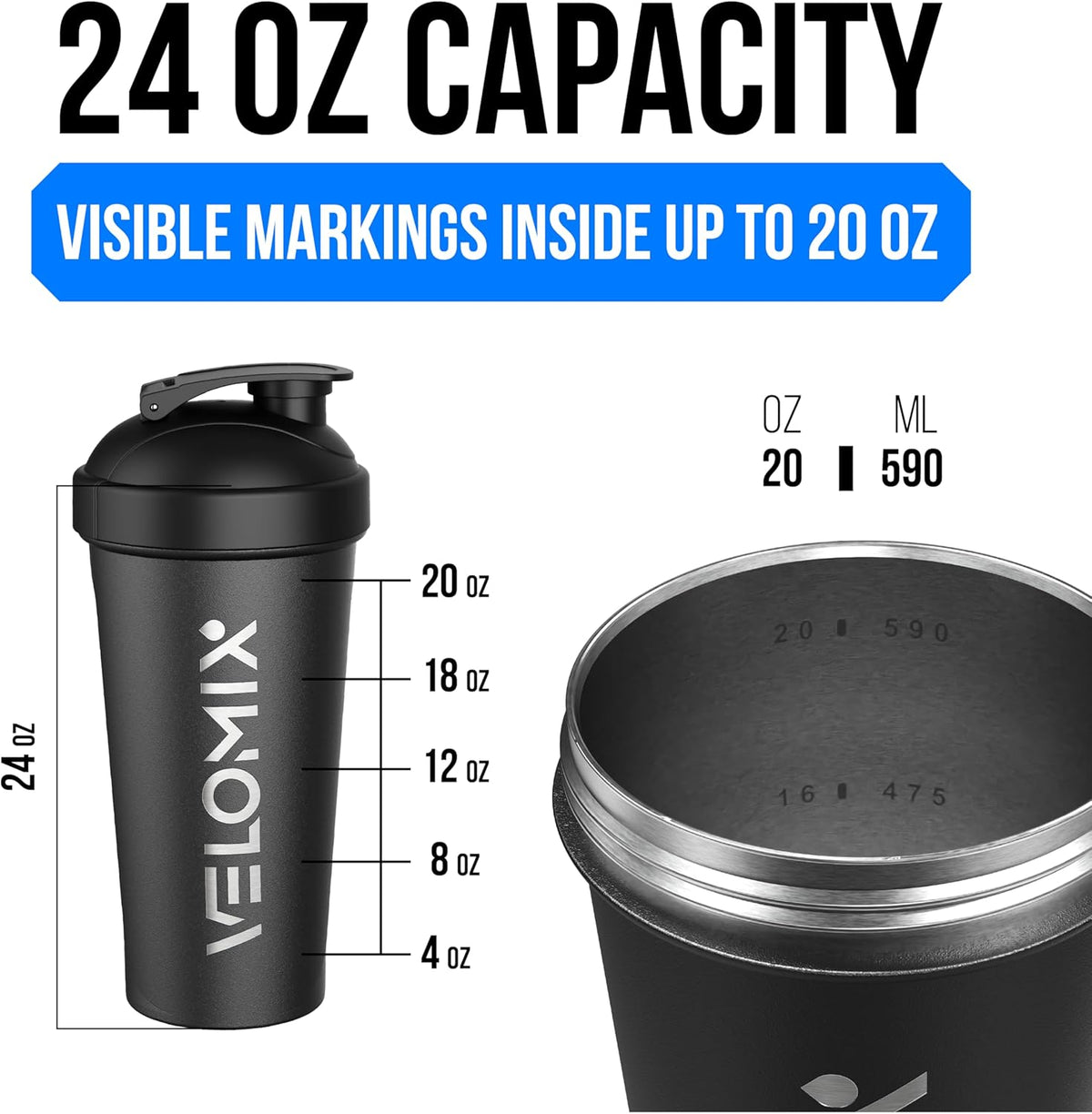 VELOMIX 24 oz Stainless Steel Shaker Bottle with Wire Whisk - Leakproof, No Clumps, Odor Resistant Metal Shaker Bottle, Insulated Shaker Cups for Protein Shakes, Pre Workout and Smoothie (Black)
