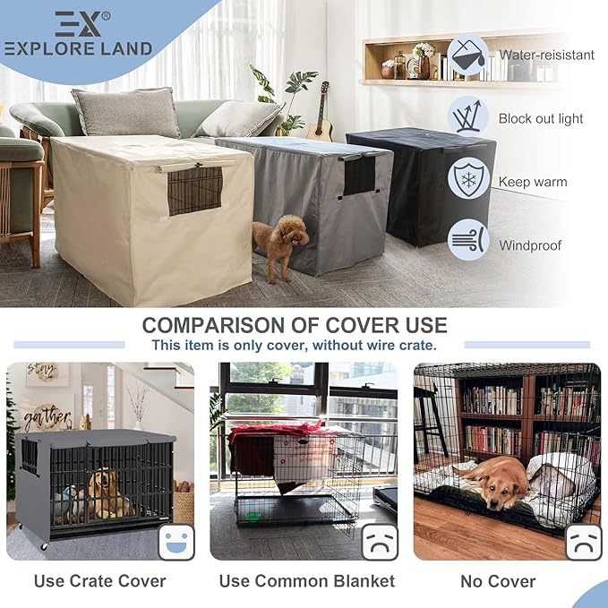 Explore Land Dog Crate Cover Heavy Duty Polyester Pet Kennel Sunshade Universal Fit for 36 inches Wire Cage (Grey)