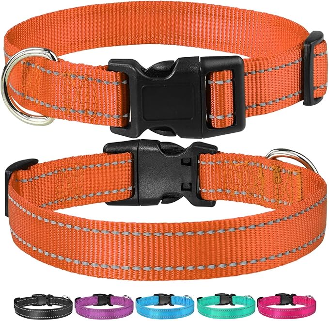 Reflective Dog Collar with Buckle Adjustable Safety Nylon Collars for Small Medium Large Dogs, Orange XL