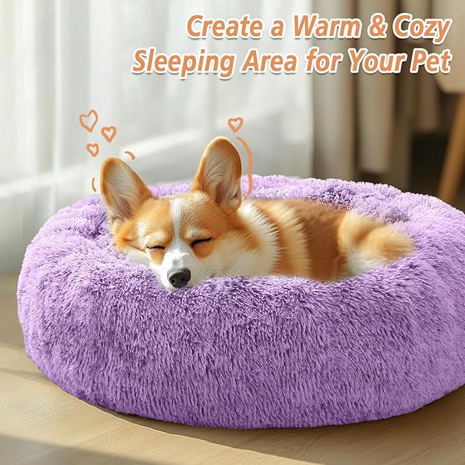 JOLLYVOGUE Medium Calming Dog Bed, Anti-Anxiety Donut Cuddler Cat Bed with Anti-Slip Bottom, Fluffy Faux Fur Machine Washable Pet Cushion for Medium Large Dog & Cat (31")