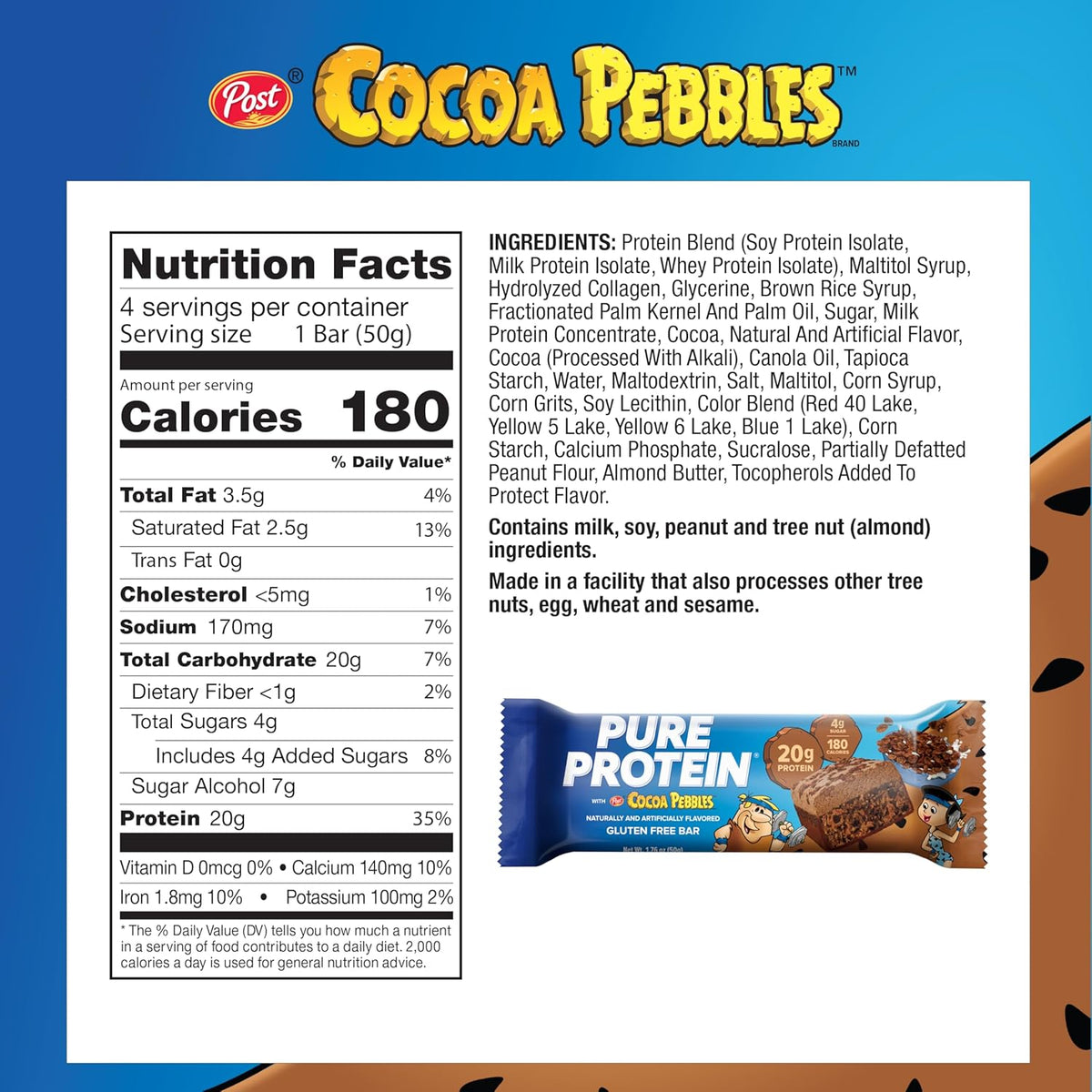 Pure Protein Cocoa PEBBLES™ Protein Bars – 20g Protein, 4g Sugar, 180 Calories (4 count) Low Sugar* High Protein Snack - Gluten Free - Perfect for a Healthy Snack.