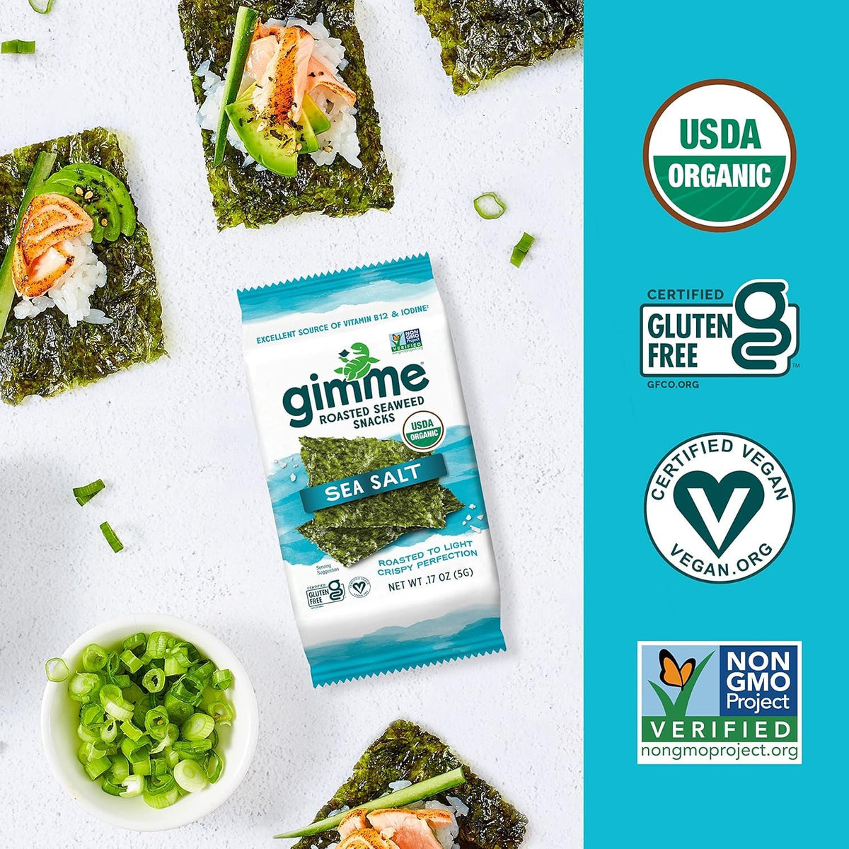 Gimme Organic Premium Roasted Seaweed Snacks, Sea Salt, 20 Count, Keto, Vegan, Gluten-Free