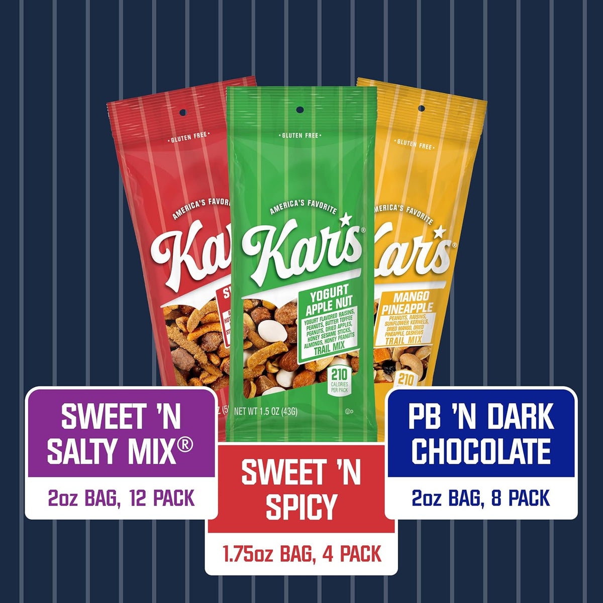 Kar’s Nuts Sweet ‘N Salty Trail Mix Variety Pack, Pack of 24 – Sweet ‘N Salty, Sweet ‘N Spicy, Peanut Butter ‘N Dark Chocolate – Individually Wrapped, Gluten-Free Snack Mix