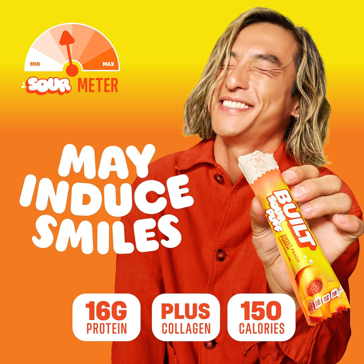 BUILT Bar Sour Puff Protein Bars - Sweet Peach Punch - 16g Protein Snack Bars with Collagen - Calorie Conscious & Gluten Free - 12 Count