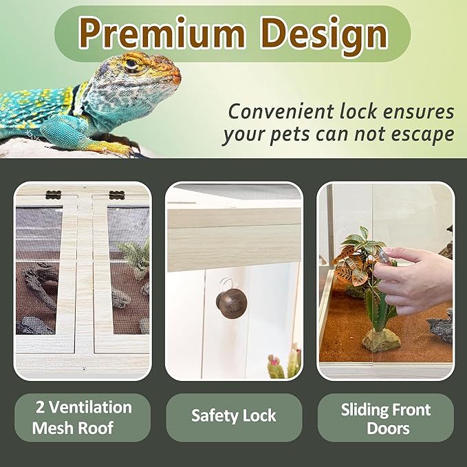 PROLEE Tempered Glass Reptile Enclosure with Leg,24“ Scratch-Proof Bearded Dragon Tank,28 Gallon Lizard Tank with Metal Mesh Tops and Lockable Door,Spacious Reptile Habitat for Snake,Lizard (Oak)