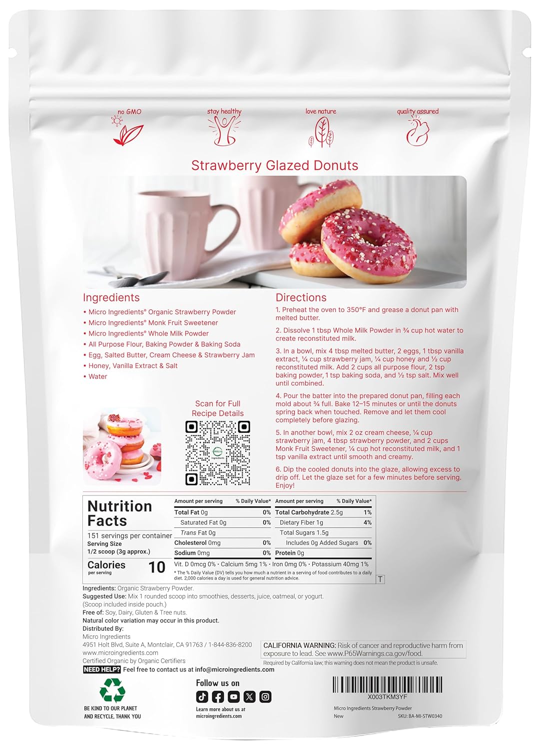 Organic Strawberry Powder, 1 Lb | 100% Natural Fruit Powder | Freeze-Dried Strawberries Source | No Sugar & Additives | Great Flavor for Drinks, Smoothie, & Beverages | Non-GMO & Vegan Friendly