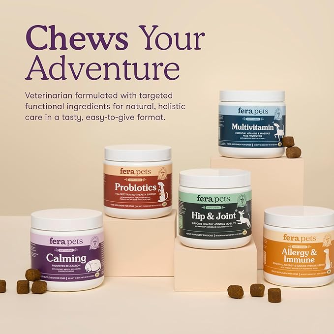 Fera Pets Dog Calming Chews with Ashwagandha & Priome® Mental Wellbeing Postbiotic Blend - Supports Anxiety Relief - Promotes Relaxation - 90 Soft Chews