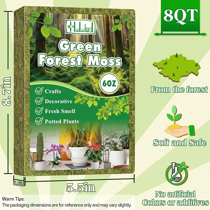 Halatool 6OZ Green Moss for Indoor Plants, 8QT Orchid Moss for Repotting, Forest Moss for Potted Plants, Real Moss for Succulent Carnivorous Houseplant Terrariums Garden Reptiles