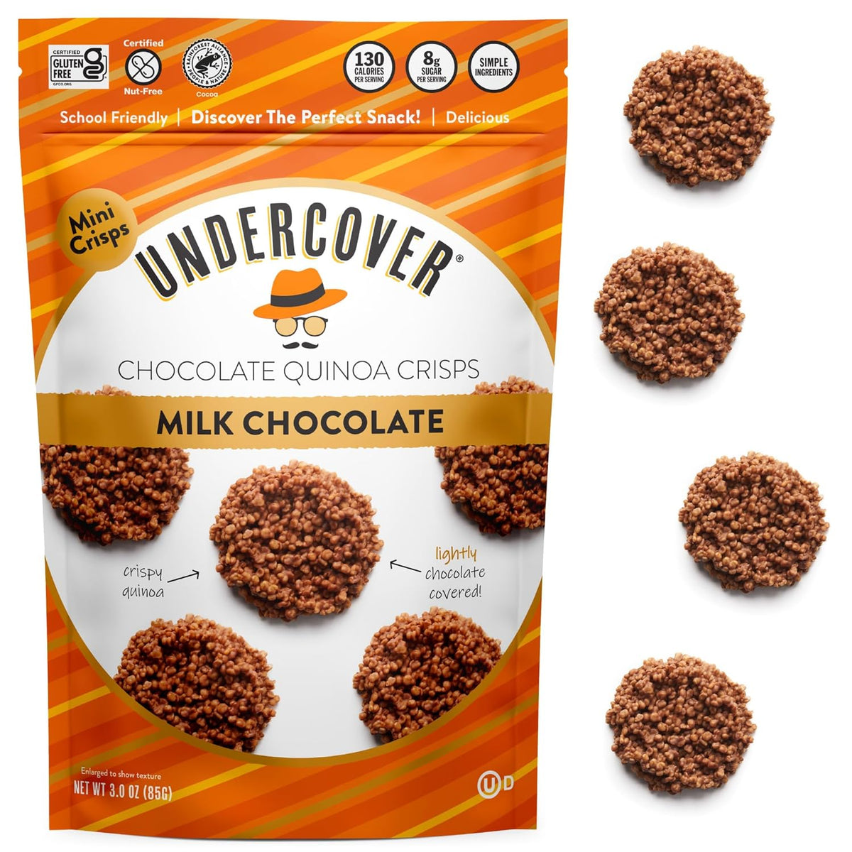 Undercover Snacks Chocolate Quinoa Crisps - Dark Chocolate + Sea Salt Quinoa Crisps | 7-Pack, 3oz Bags of Mini Crisps | Gluten Free, Nut-Free, Allergen Friendly, Kosher, Plant-Based