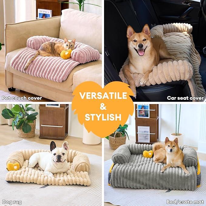 FUNNY FUZZY Pet Couch Cover for Sofa, Calming Dog Bed for Couch, Fluffy Plush Dog Couch Mat for Furniture Protector for Medium Dogs and Cats, 33×28 in, Pink