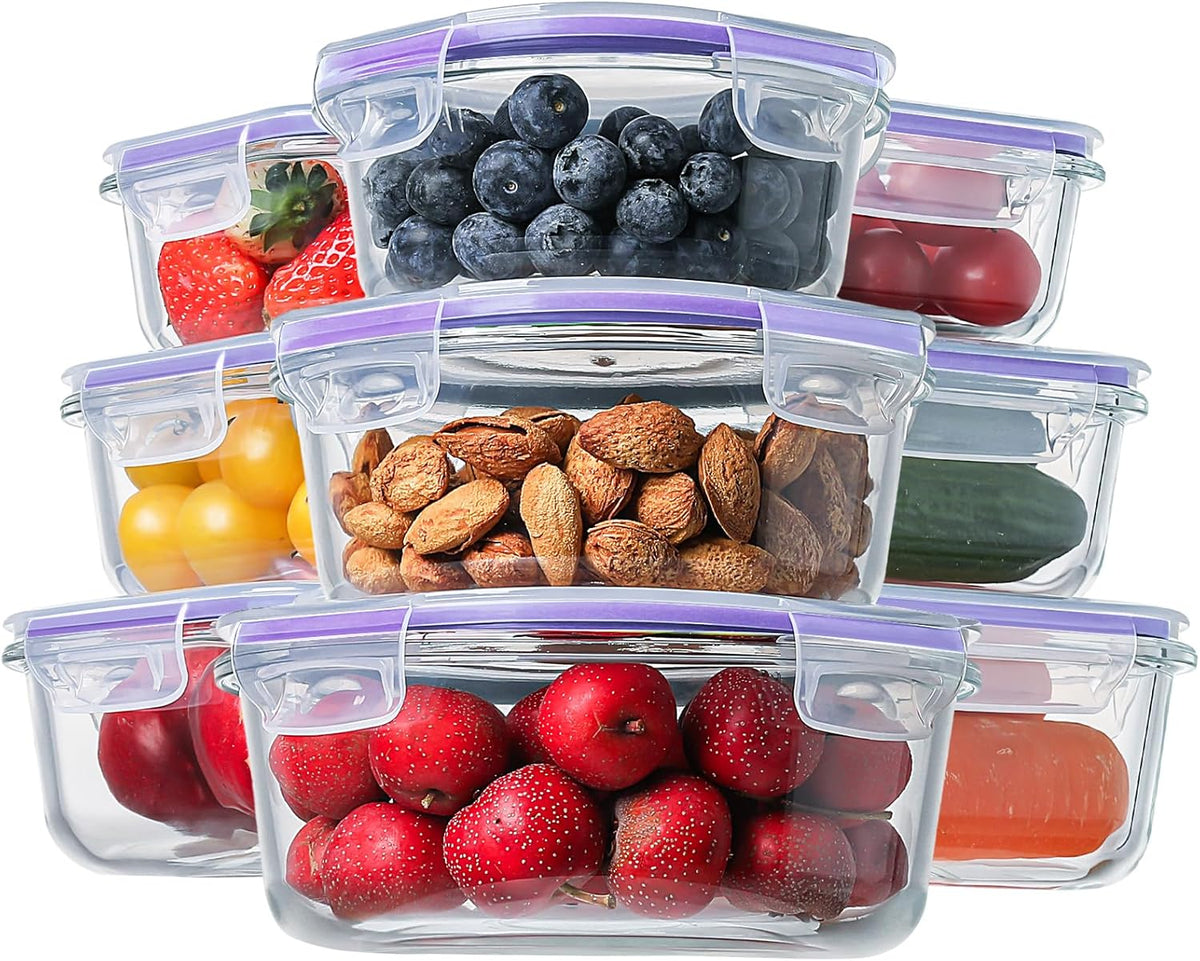 8 Pack Borosilicate Glass Food Storage Containers with Lids, Glass Meal Prep Containers, Airtight Bento Lunch Boxes with Leak Proof Locking, Oven, Freezer and Dishwasher Safe, BPA Free, 5-35oz