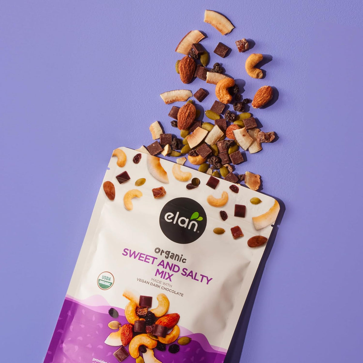Elan Organic Sweet & Salty Mix, 5.3 oz, Non-GMO, Gluten-Free, Vegan, Kosher, Vegan Dark Chocolate, Dried Fruits (Raisins, Dates), Nuts (Roasted Cashews, Roasted Almonds) & Pumpkin Seeds