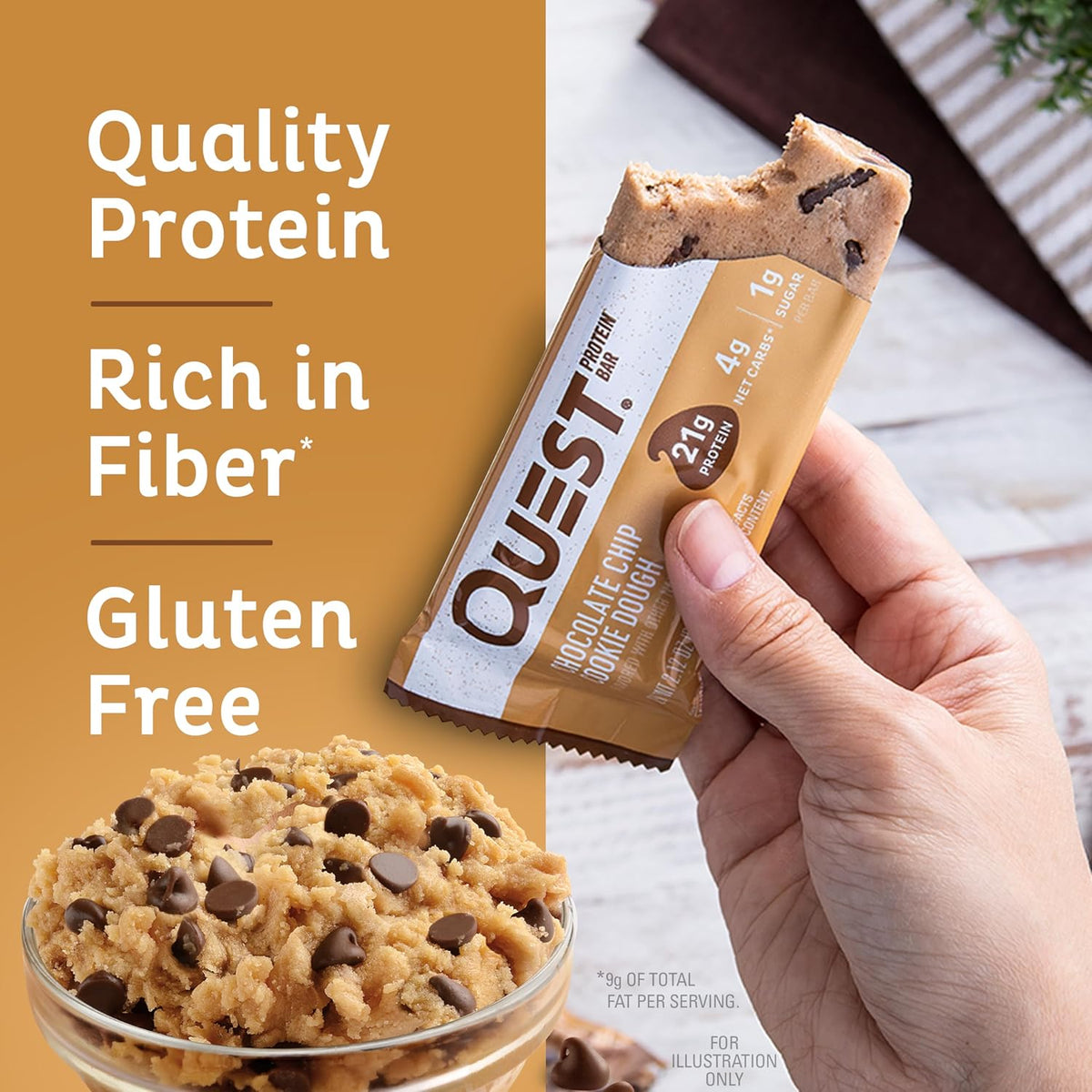 quest nutrition chocolate chip cookie dough protein bars 21g protein 1g sugar 4g net carb gluten free 12 count