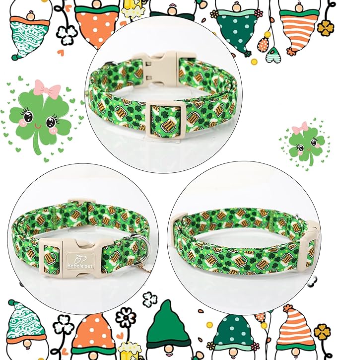 St Patricks Day Dog Collar for Small Dogs - Green Beer Shamrock Dog Collars for Boys&Girls Dogs, Adjustable Irish Clover Puppy Collar with Quick Release Buckle XS