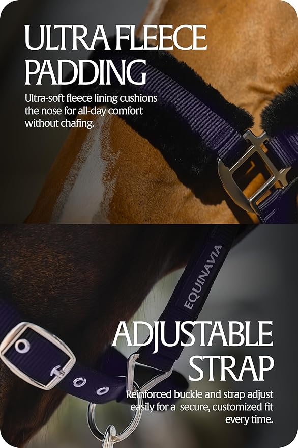 Equinavia Valkyrie Ultra Fleece Breakaway Horse Halter | Padded Fleece Adjustable Safety Halter with Nylon Webbing - Navy/Navy - Warmblood