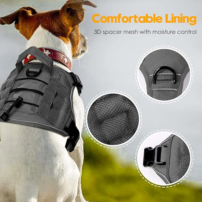 Heavy-Duty Tactical Dog Harness for Large Dogs, No Pull Adjustable Reflective Pet Vest with Molle System, K9 Military-Grade Control for Service Training, Outdoor & 10+ Breeds, Gray, Small