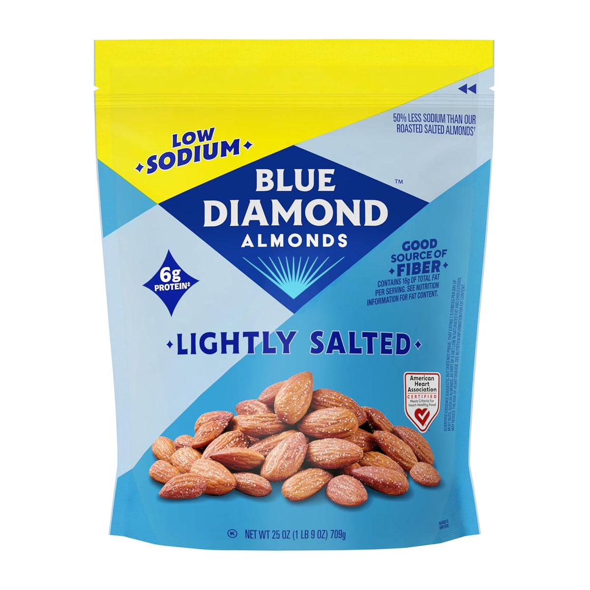 Blue Diamond Almonds, Low Sodium Lightly Salted Snack Nuts, Plant-Based Protein and Fiber Salty Snacks, Great for Holidays, Parties, Events, Lunch, Pantry Staple, 25 Oz Resealable Bag (Pack of 1)