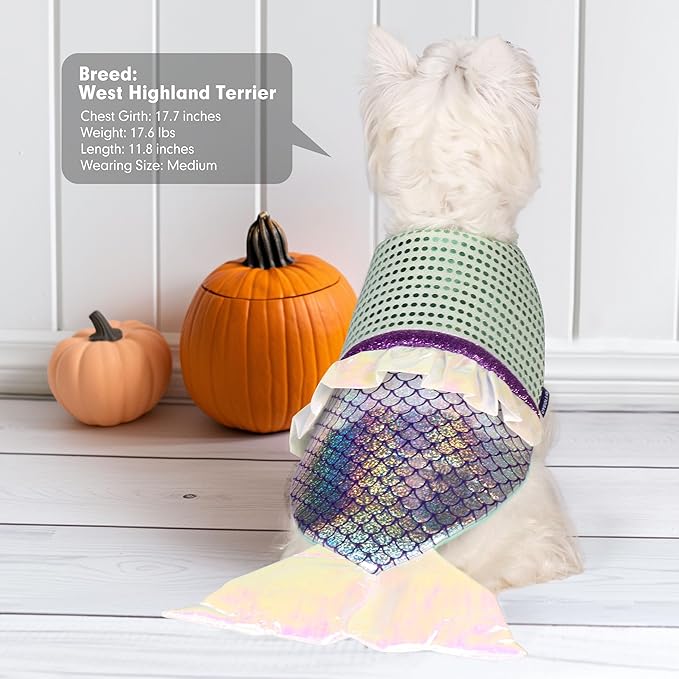 cyeollo Dog Mermaid Costume for Small Dogs Funny Dog Halloween Outfit Holiday Birthday Party Cosplay Pet Clothes Sparkly Pet Costumes, Size M