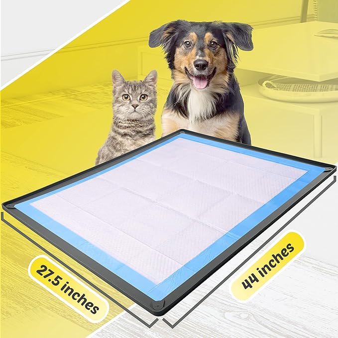 TidyFriend Dog Pee Pad Holder Tray Fits for 27.5” x 44” Pee Pads with Corner Lock Holes, Raised Edges, Non-Spill, Easy to Clean Silicone Dog Potty Tray Holder, For Indoor Floor Protection (Grey)
