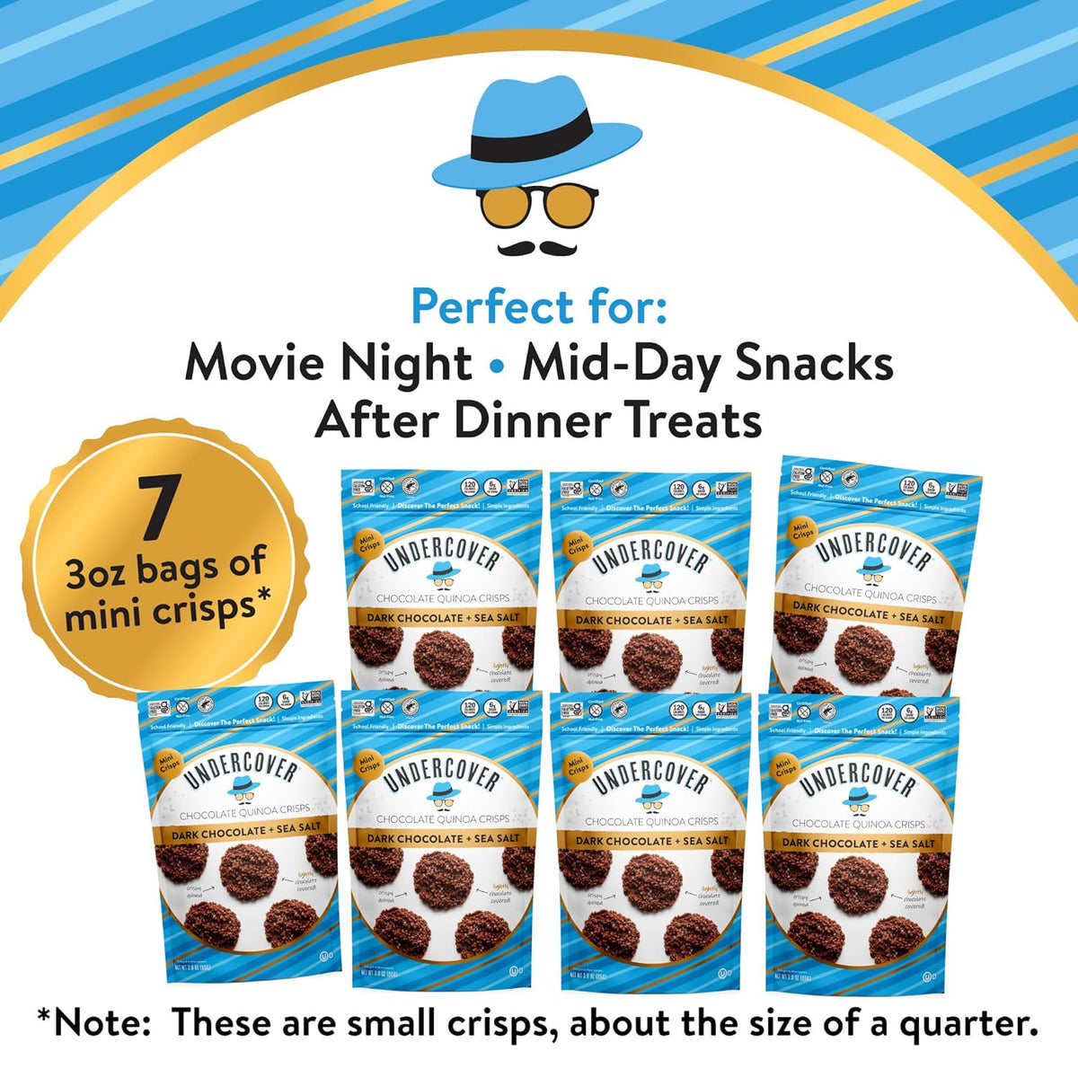 Undercover Snacks Chocolate Quinoa Crisps - Dark Chocolate + Sea Salt Quinoa Crisps | 7-Pack, 3oz Bags of Mini Crisps | Gluten Free, Nut-Free, Allergen Friendly, Kosher, Plant-Based