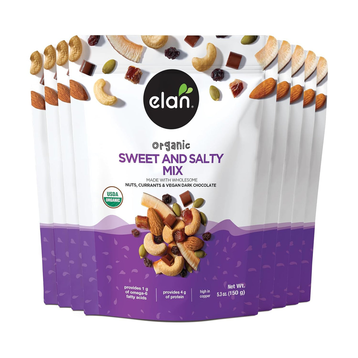 Elan Organic Sweet & Salty Mix, 5.3 oz, Non-GMO, Gluten-Free, Vegan, Kosher, Vegan Dark Chocolate, Dried Fruits (Raisins, Dates), Nuts (Roasted Cashews, Roasted Almonds) & Pumpkin Seeds