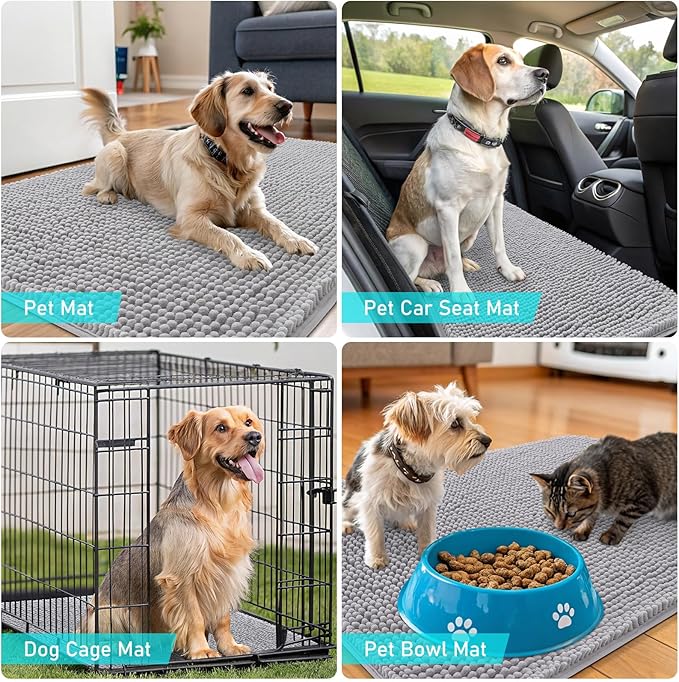OLANLY Dog Door Mat for Muddy Paws 59x20, Absorbs Moisture and Dirt, Absorbent Non-Slip Washable Doormat, Quick Dry Chenille Mud Mat for Dogs, Entry Indoor Entryway Carpet for Inside Floor, Light Grey