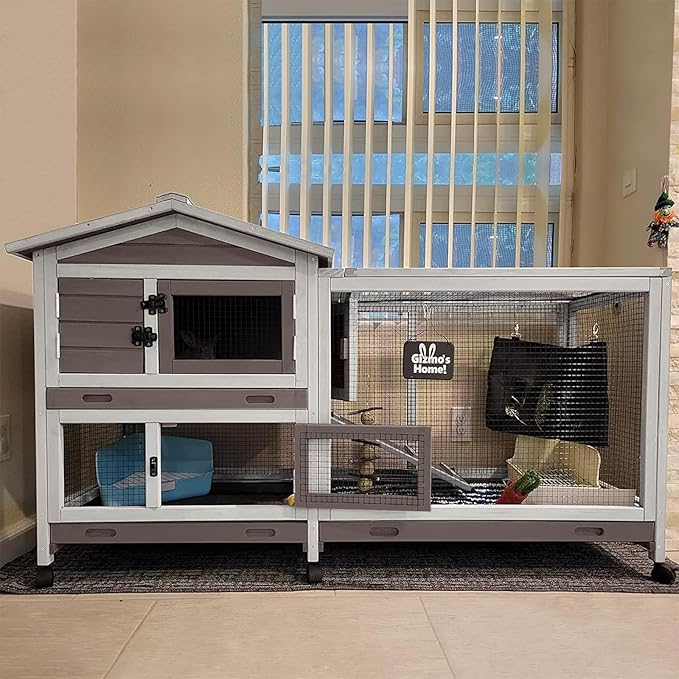 Aivituvin Rabbit Hutch 62" Rabbit Cage Indoor Outdoor Chicken Coop Guinea Pig Cage on Wheels Bunny Cage with 3 Deep No Leakage Pull Out Tray,Waterproof Roof (Brown)