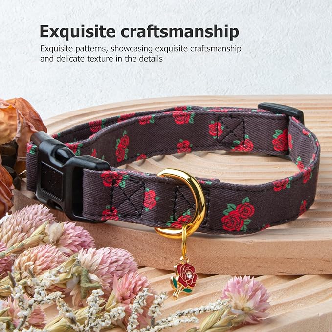 Cotton Handmade Dog Collar Cute and Distinctive Patterns Black Rose with Pendant for Girl Boy Dogs Collars L