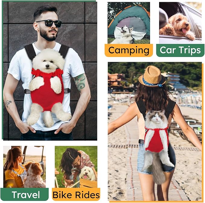 Pet Carrier Backpack, Hands-Free Adjustable Dog Front Carrier Legs Out & Easy-Fit Dog Backpack Carrier for Hiking Camping Traveling Cycling for Small Dogs and Rabbits (Large, Red)